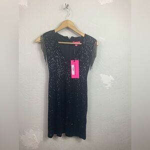 Betsey Johnson Sequin Black Mini Dress Size XS NWT Defective Fringe Glam Party